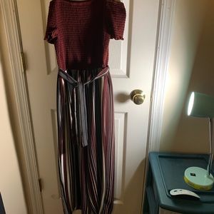 Burgundy and striped jumpsuit